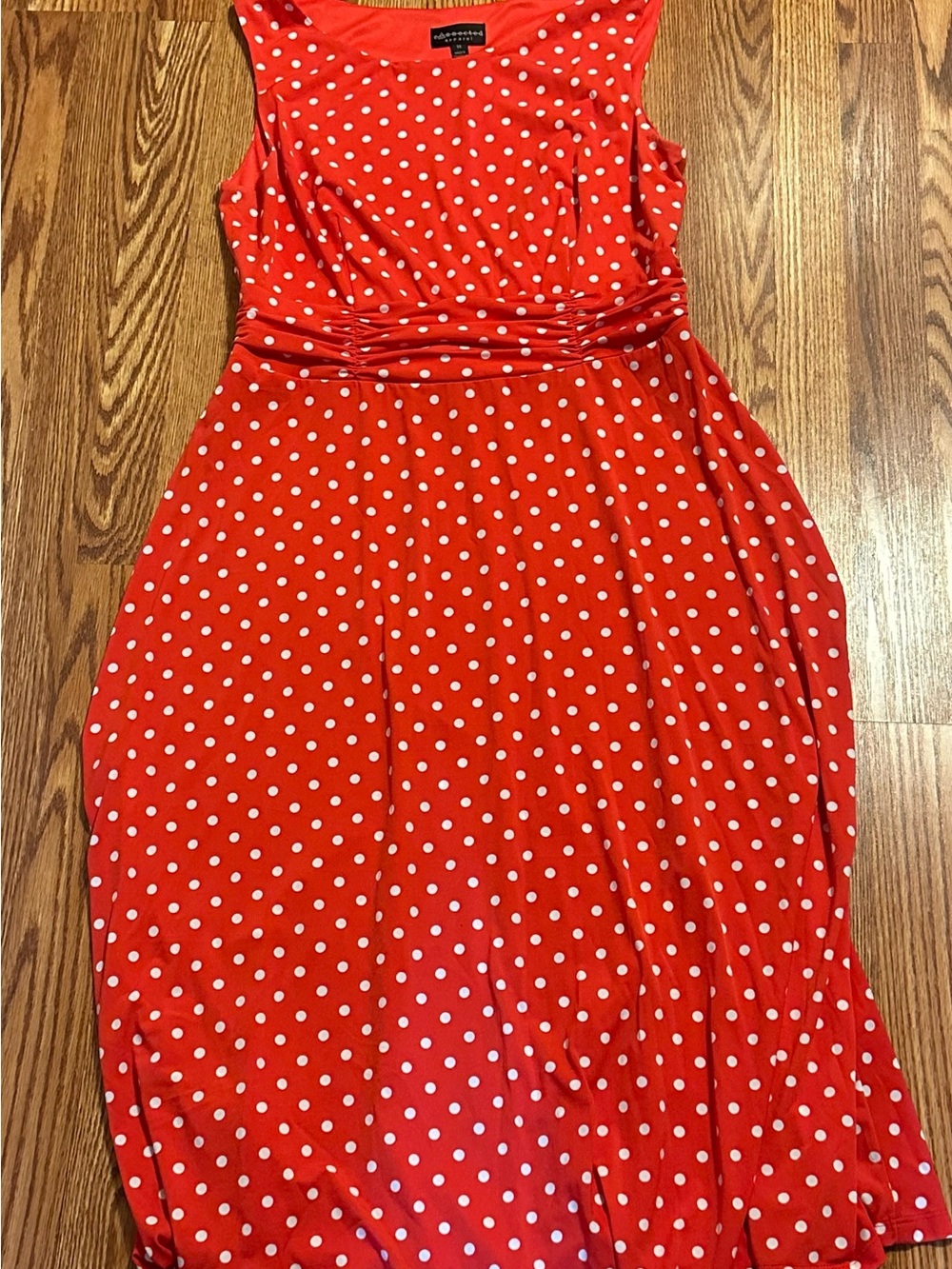Connected Apparel 14 Red Polka Dot Midi Dress Sleeveless Ruched Waist Stretch
